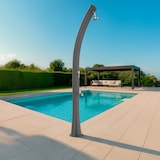 thumbnail of Douche solaire Rio, grise, structure courbe en PEHD, 226cm, pomme 10cm, réservoir 25L, lave-pieds, robinets en laiton.