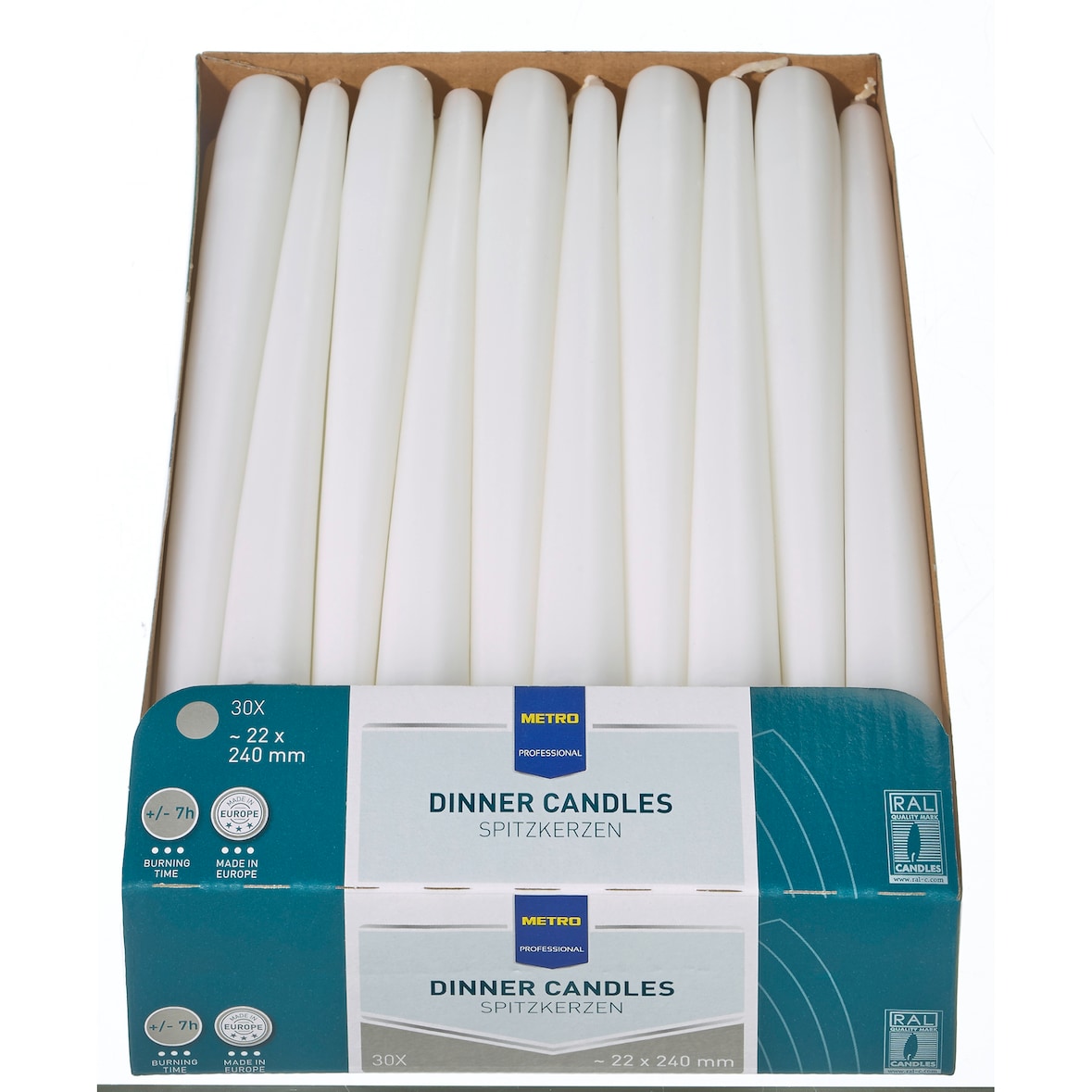 METRO PROFESSIONAL Spitzkerzen, Paraffin, Ø 2.2 x 24 cm, 7 Stunden Brenndauer, weiß, 30 Stück