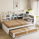 thumbnail of Multifunktionales Schlafsofa 140x200 weiß Massivholz mit Ausziehbett & Stauraum - Inklusive Ladesteckdosen, platzsparendes Gästebett mit Rattan-Design