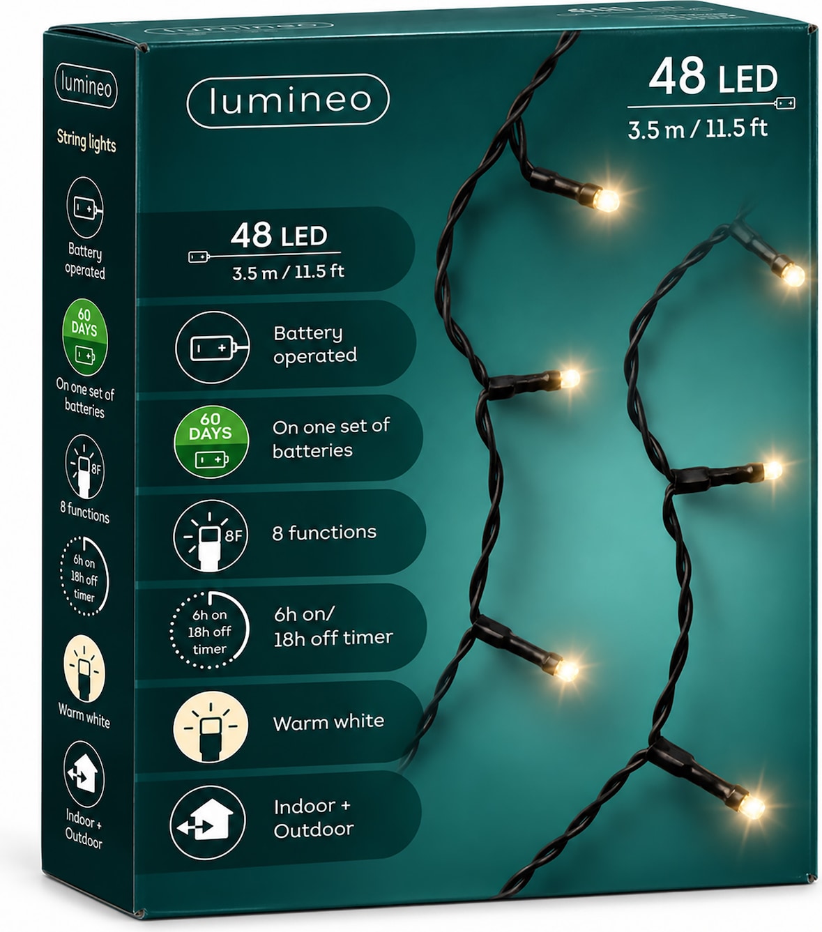 LED Lichterkette 3,5m Durawise 48 LEDs Twinkle Effekt 8 Funktionen Batteriebetrieben Timer 6h Innen Außen Dekobeleuchtung Schwarz Warm Weiß