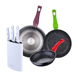 thumbnail of Bergner - Set di 3 padelle Ø18/22/26 cm in alluminio forgiato Jolie, adatte per induzione, con set di 3 coltelli e supporto da parete in acciaio inox