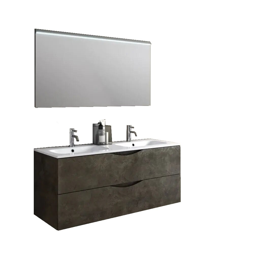 Mobile Bagno Sospeso 120cm Effetto Pietra Con Doppio Lavabo - Marrone Effetto Pietra