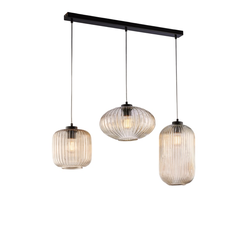 Calha em ferro Glamour Preto com cabos elétricos reguláveis ​​e difusores em vidro soprado âmbar com dec. Canelado de alívio de 3 luzes