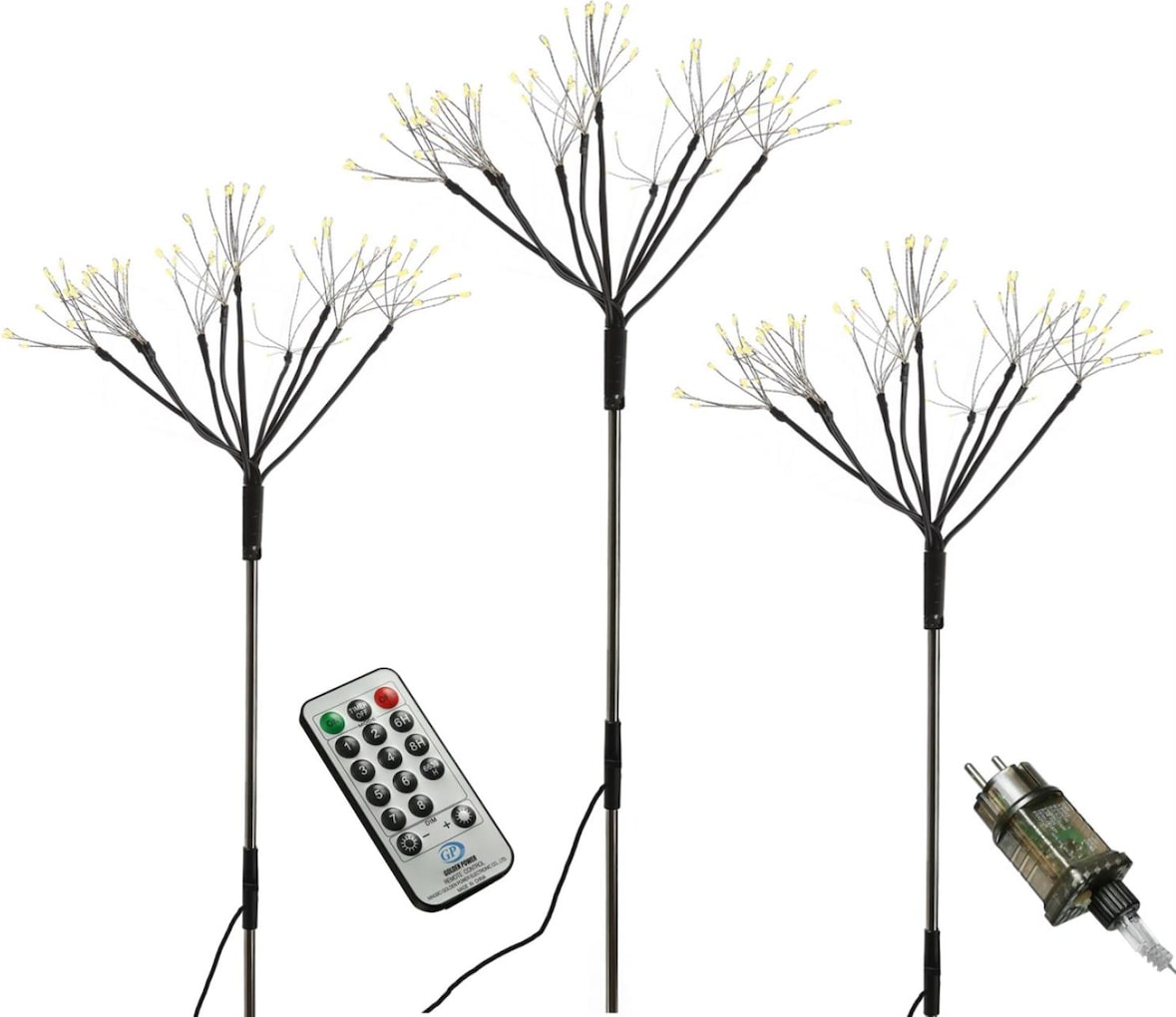 LED Gartenstecker Feuerwerk Firework Fernb. Leuchtstäbe 3er Set schwarz