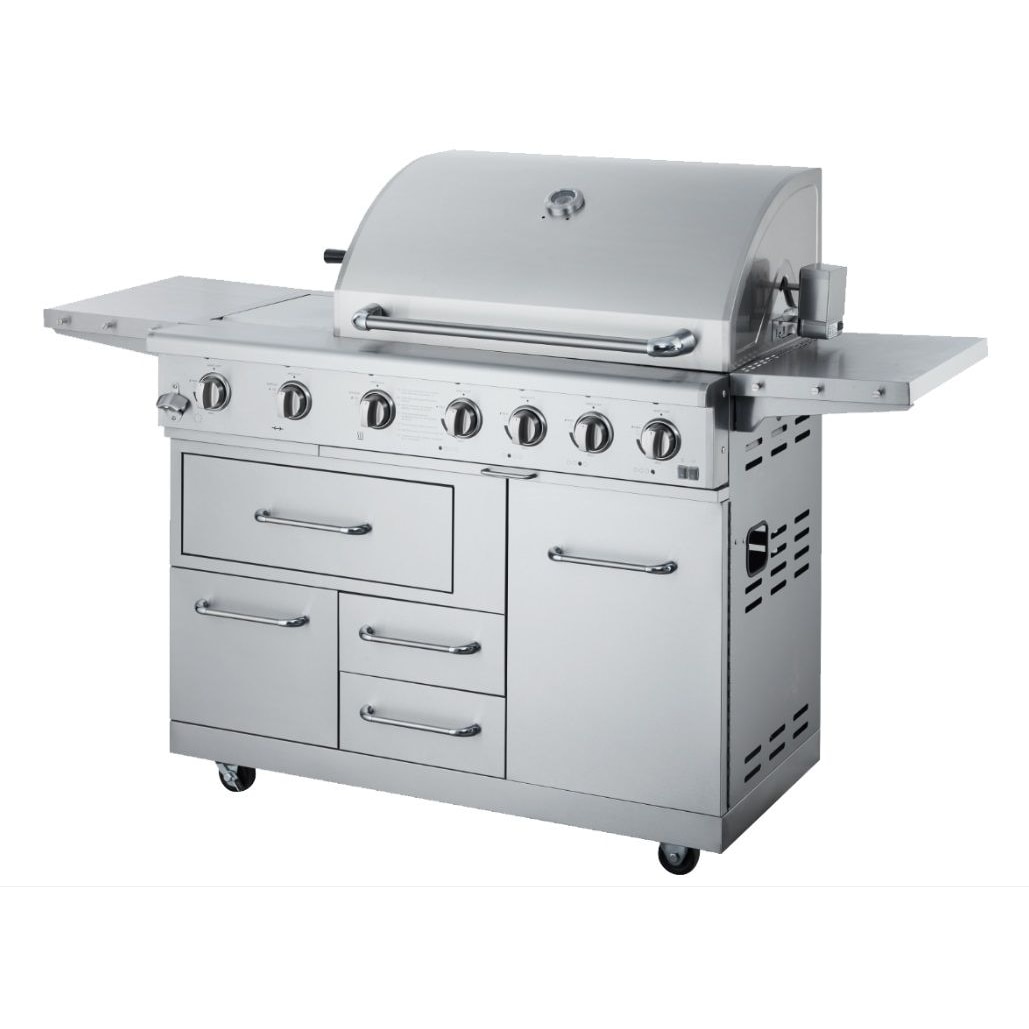 METRO PROFESSIONAL 4 hoofd- en zijbranders gasgrill, 182 x 66 x 125 cm, inclusief zijtafels, verrijdbaar, met remmen,  roestvrij staal, zilver