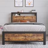 thumbnail of Merax Metallbett Einzelbett 90 x 200 cm mit Stauraum-Kopfteil, Metall Bettgestell Bettrahmen Für Erwachsene, Schwarz Industrielles Bett