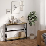 thumbnail of Mesa consola industrial mesa de entrada de 2 niveles con estación de carga 2 USB y marco de acero mueble de recibidor 100x24x75 cm marrón rústico