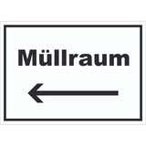 thumbnail of Müllraum Schild mit Text Richtungspfeil links Abfall Mülltrennung waagerecht A6 Rückseite selbstklebend