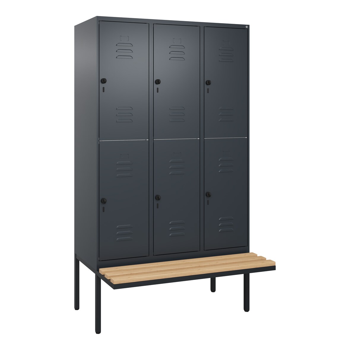 C+P Spind Classic PLUS, Buche schwebende Sitzbank, 6 Abteile, HxBxT 212x120x82cm, Sicherheitsdrehriegel, Anthrazit von PROREGAL