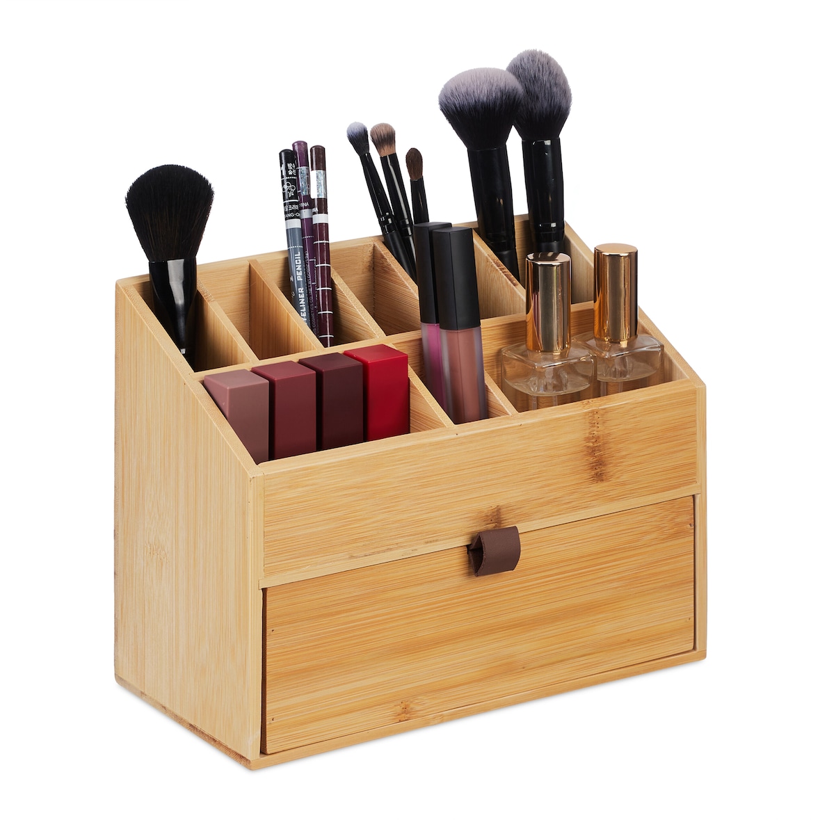 Relaxdays Kosmetik Organizer, Make up Organizer mit Schublade, Pinselhalter, Bambus, HxBxT: 19 x 25,5 x 12,5 cm, natur