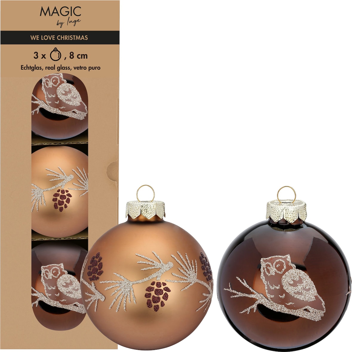 3 Weihnachtskugeln Glas 8cm matt glänzend Eule Zweig Zapfen Christbaumkugeln Weihnachtsbaumkugeln Christbaumschmuck Weihnachtsbaumschmuck Braun Mix