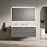 thumbnail of Badezimmer-Waschtisch 120x46x53 Doppelbecken Kunststein Sperrholz Schubladen Soft-Close Stauraum Modern Dunkelgrau+Holzmaserung