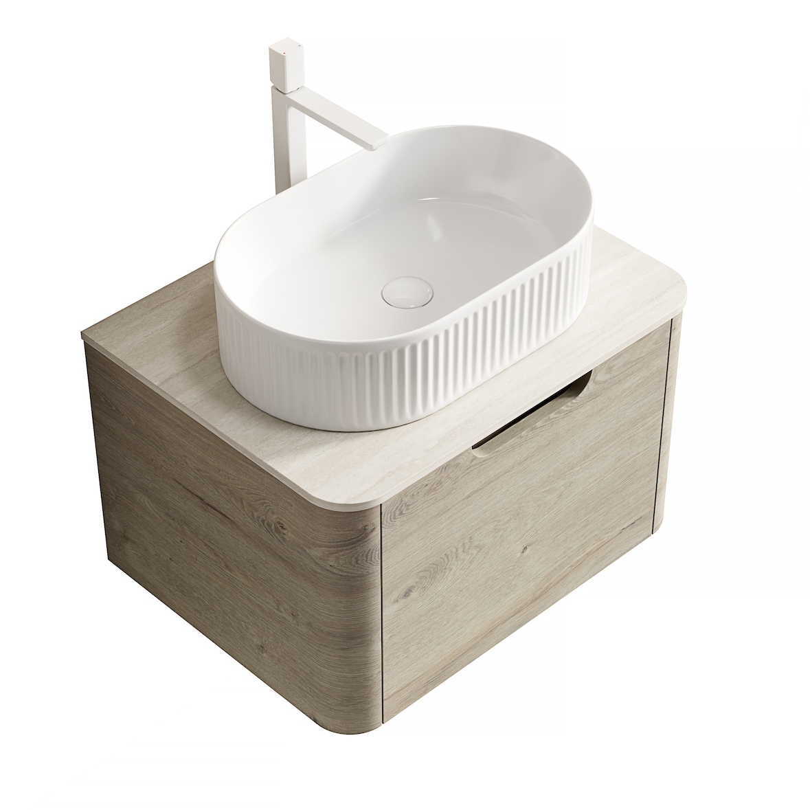 Waschtisch 50x60x46 Ovales Keramikbecken Travertin Sinterstein Soft-Close Schublade Badmöbel Schrank Beige+Off White+Weiß