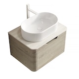 thumbnail of Waschtisch 50x60x46 Ovales Keramikbecken Travertin Sinterstein Soft-Close Schublade Badmöbel Schrank Beige+Off White+Weiß