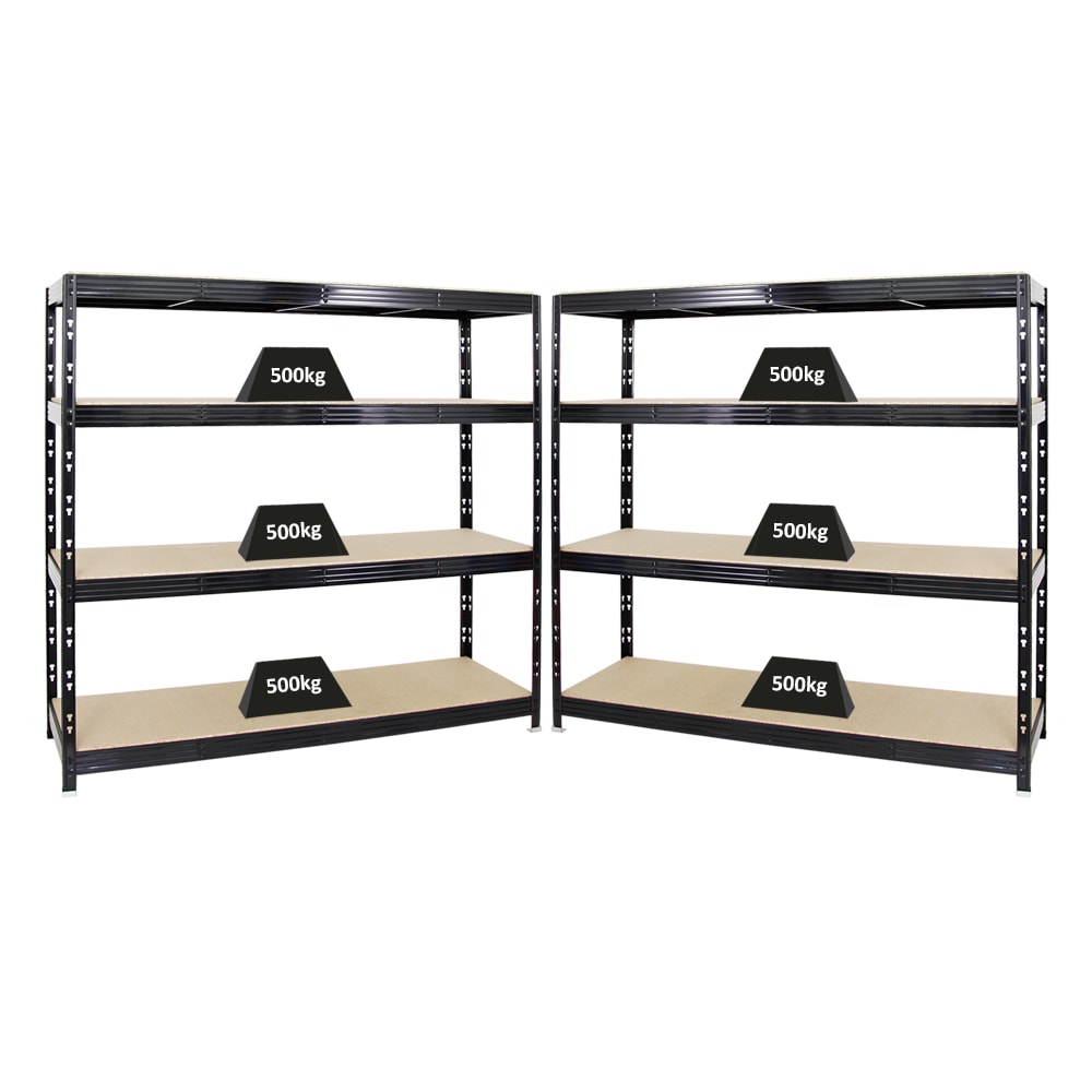 PROREGAL Mega Deal 2x Profi Schwerlastregal Rhino | HxBxT 180x200x60cm | 4 Spanplatten-Ebenen 16mm | Fachlast 500kg | Schwarz