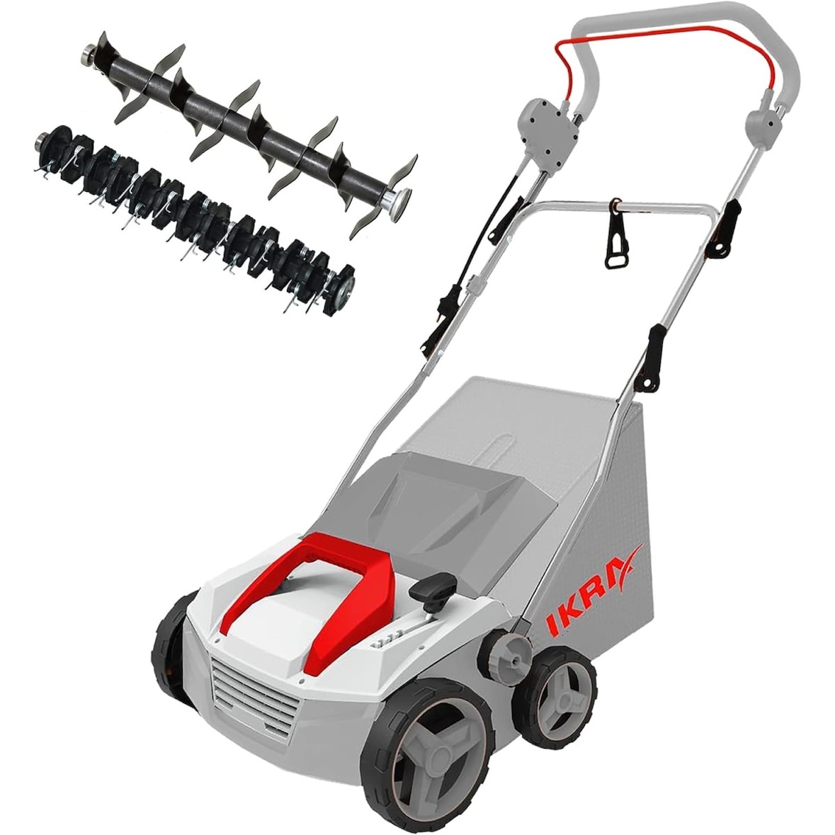 Escarificador Máquina de desbaste eléctrica 1800W Profundidade de trabalho 23cm Apanhador de relva 40L Aerador de relva Manutenção do relvado IKRA