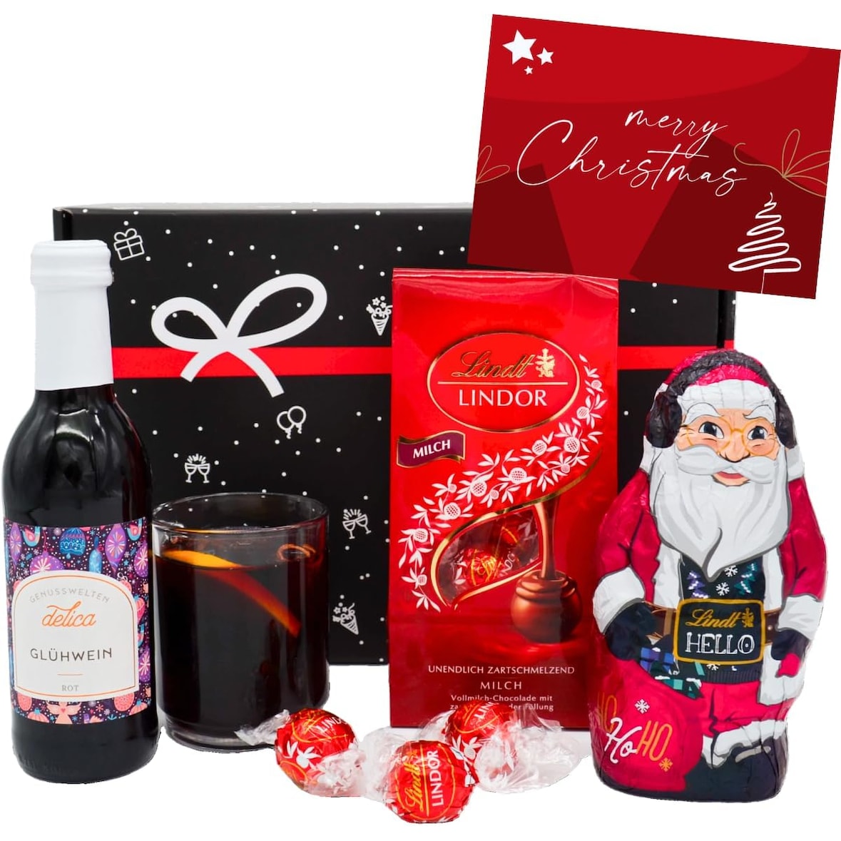 Geschenkset "Glühwein & Lindt Schokolade" | Weihnachten Präsentkorb gefüllt mit Wein, Nikolaus, Lindor Pralinen