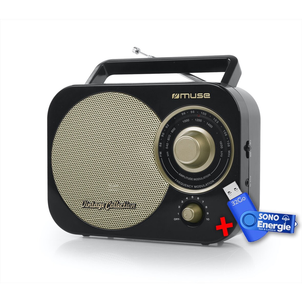 Muse M-055 RB - Radio Portable, FM/MW - Antenne FM pivotante - Prise AUX+clé USB 32Go