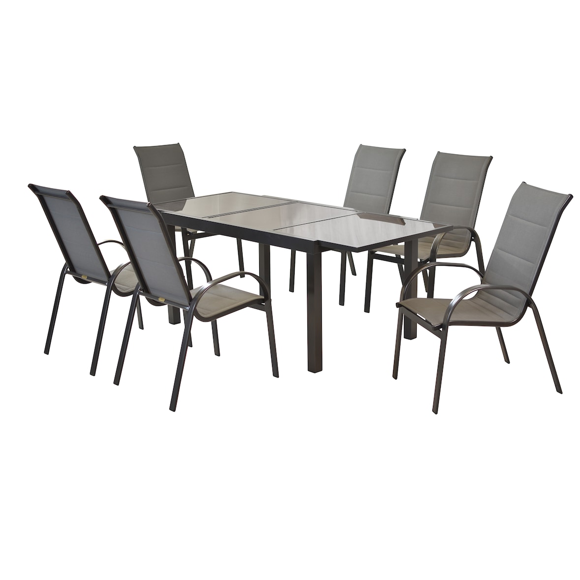 Merxx Amalfi Set 7tlg., 6 Stapelsessel, 1 Tisch 140(200) x 90 cm, Aluminium, Graphit/Grau