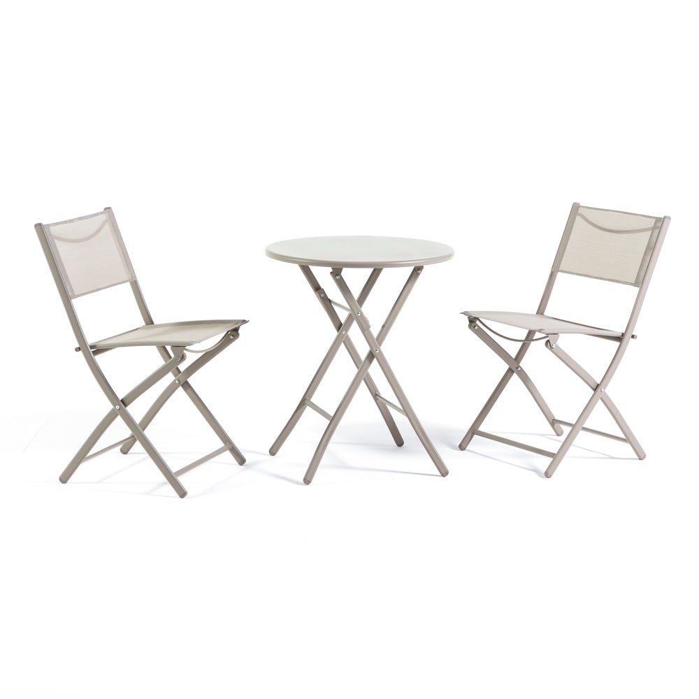 Ensemble pliable pour balcon avec table ronde Ø60 en métal peint et 2 chaises en textilène, gain de place pour terrasse et véranda - NEMO&LILIA Sable