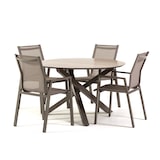 thumbnail of Set pranzo da giardino, tavolo rotondo in alluminio e SPC effetto legno, 4 sedie in textilene impilabili, per terrazza, veranda o giardino – TEO+DINA