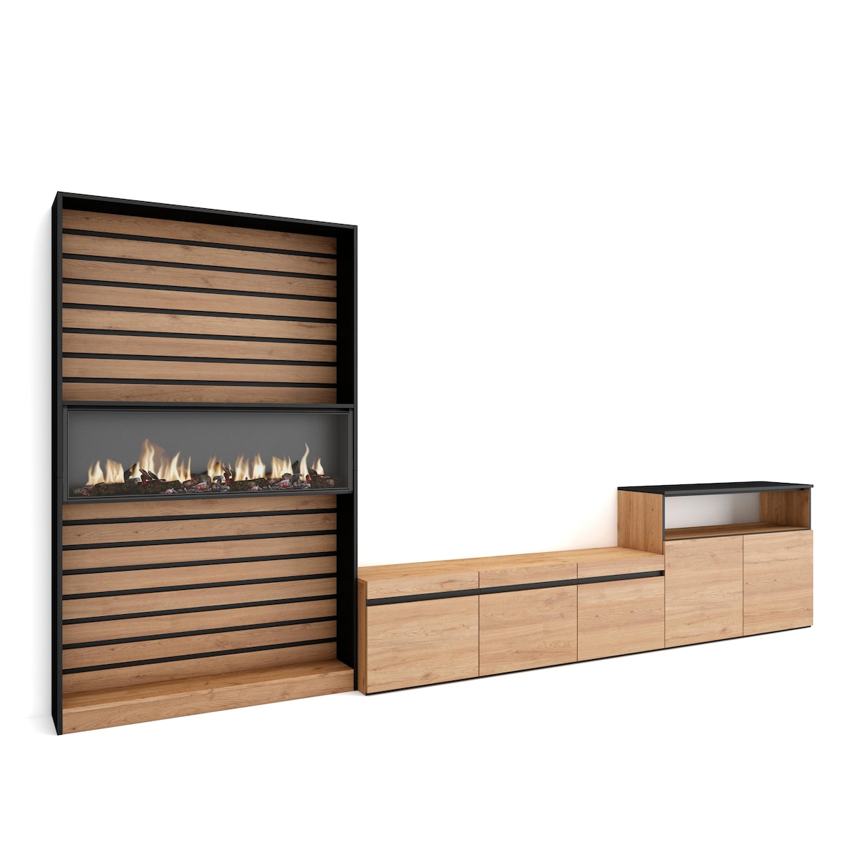 SKRAUT HOME Wohnzimmer-TV-Schrank, Wohnzimmer-Wandsystem, 360x186x35cm, Für TV-Geräte bis 65“, Elektrischer Kamin, Moderner Stil, Eiche und Schwarz - 