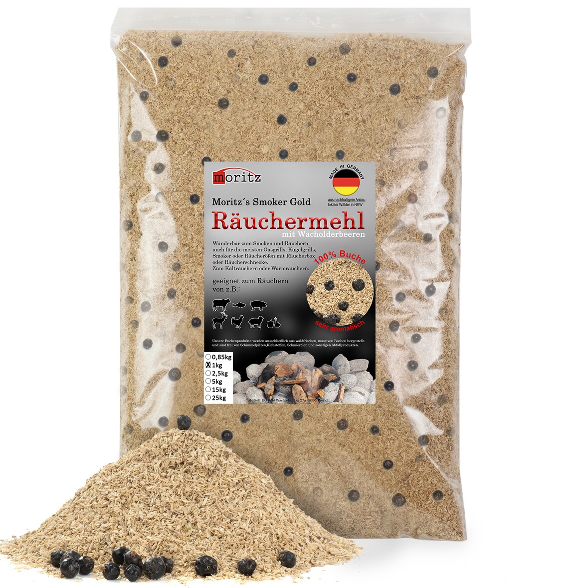 Moritz 1kg Räuchermehl Buche mit Wacholder fein 0,5 -1 mm Räuchern I Kalträuchern von Fisch Fleisch Wurst Käse auch für BBQ I Grill - Räucherspäne
