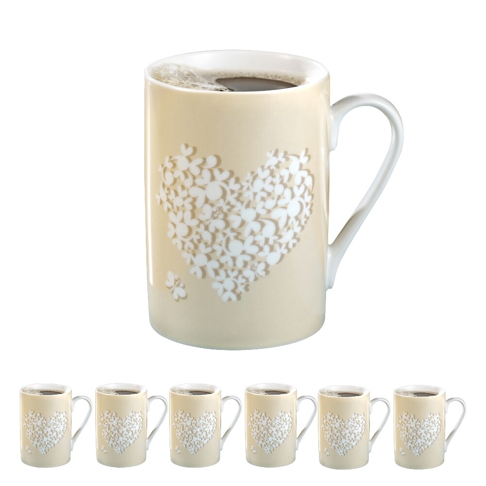 6 x Kaffeebecher "FINE", Inhalt: 0,28 ltr., dünnwandiger, feiner Henkelbecher aus weißem Porzellan, mit beigefarbenem Druck, Motiv Herz