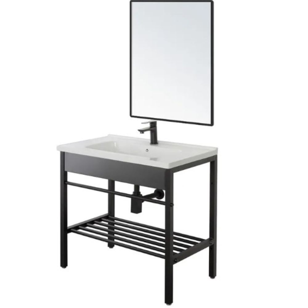 Armário de casa de banho com lavatório em cerâmica e espelho, sifão em aço, armário de chão com prateleira, design moderno - cm 80x47x78h Preto