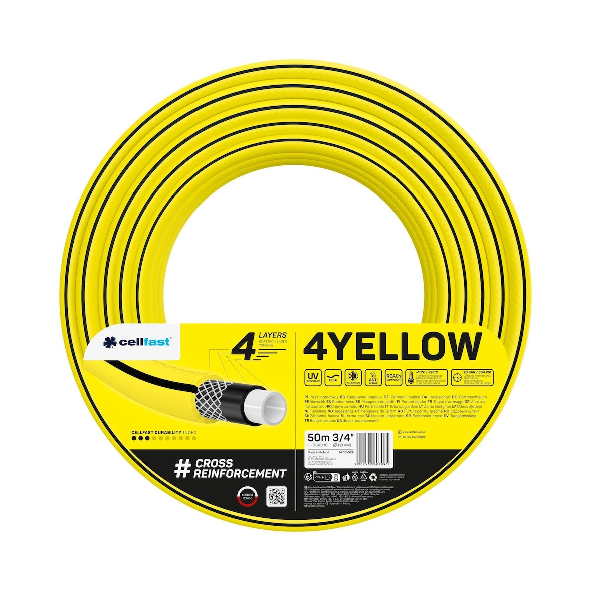 Cellfast - 4YELLOW Gartenschlauch mit 4 Lagen, 19mm Durchmesser und einer Länge von 50 Metern