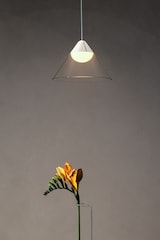 Eine Lampe über einer Blume in einer Vase.