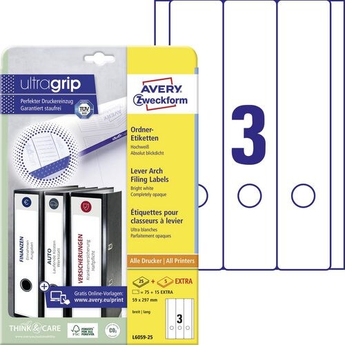 AVERY Zweckform ultragrip Ordneretiketten Selbstklebend L6059-25 S DIN A4 Weiß 5,9 x 29,7 cm 30 Blatt à 4 Etiketten