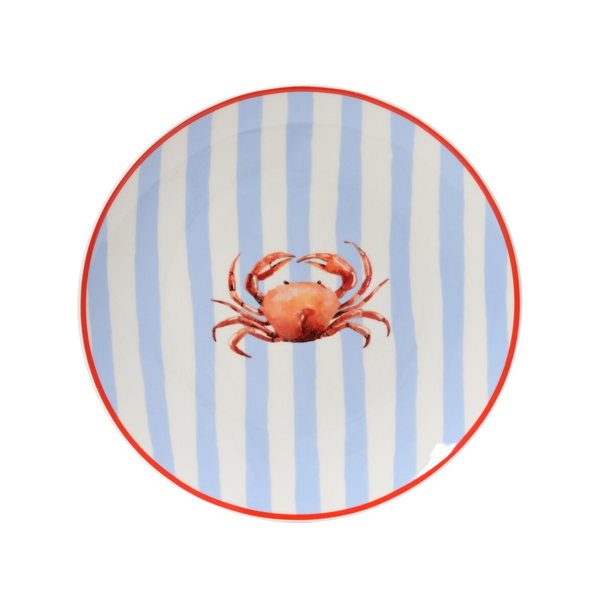 Frühstücksteller 19,4cm Porzellan Krebs Motiv gestreift flach - Essgeschirr Teller Essteller Dessertteller Speiseteller Geschirr Weiß Rot Blau