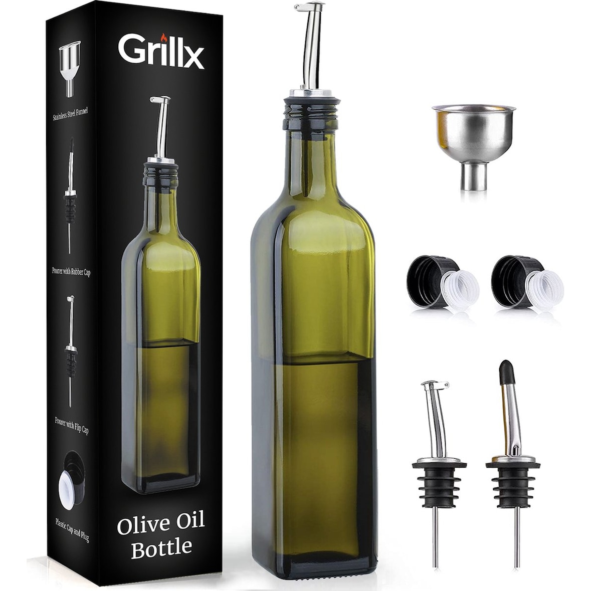 GrillX Olivenölflasche mit Ausgießer inklusive Ausgießer, Trichter und Zubehör.