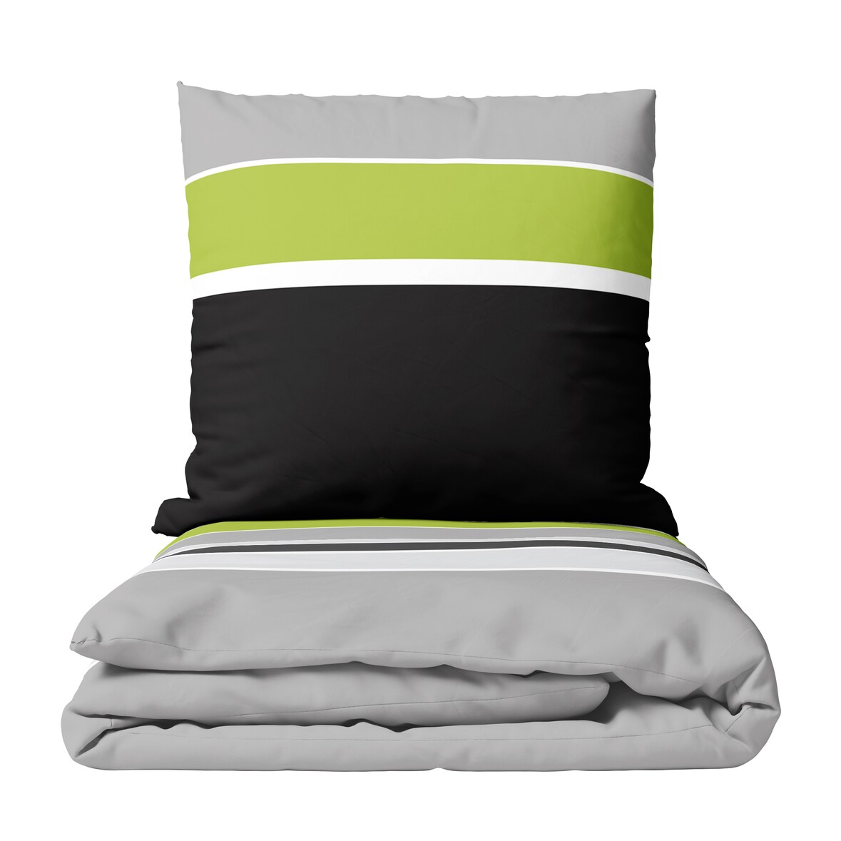 Baumwolle Bettwäsche Set 155x220 cm 80x80 cm Grau Grün Gestreift mit Reißverschluss