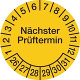 thumbnail of Prüfplakette ab 26, Nächster Prüftermin, Folie, gelb/schwarz, Ø 15 - 30 mm - Bogen = 10 Plaketten - 20 mm Folie selbstklebend