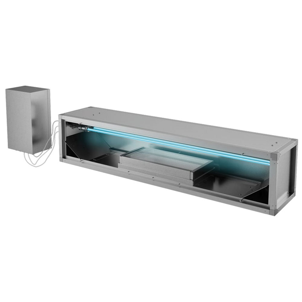 RETROFIT CAPPE PLASMA BOX INOX AISI 304 per cappe esistenti, 1500 m3/h, Dim. cm 120x37x37H con sistema al fotoplasma per abbatimento Odori e Grasso.