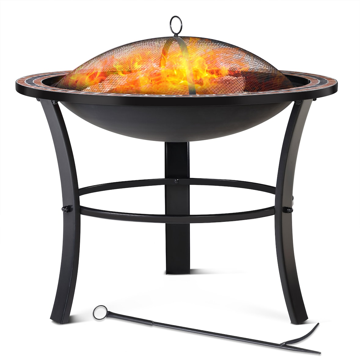 GARDEBRUK® Feuerschale mit Funkenschutz Schürhaken Abdeckung Rost Rund 76cm Mosaik Stahl Feuerkorb Feuerstelle Grill