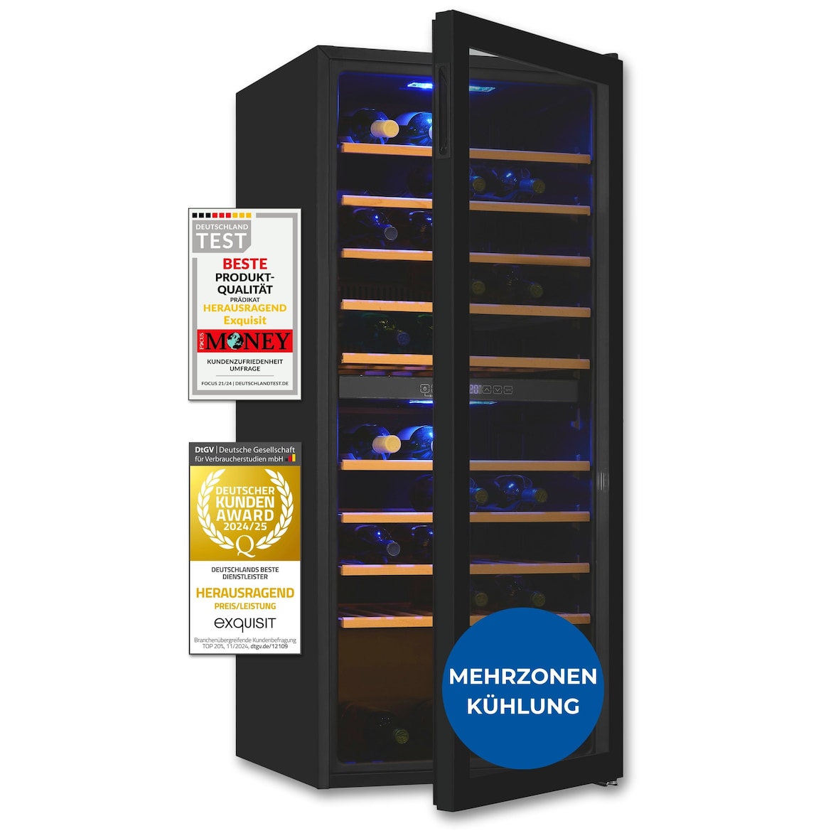 Exquisit Weinkühlschrank 2 Zonen, Platz für 114 Flaschen, 220 l, Umluftventilator, 9 Holzablagen, Temperaturanzeige, WS2-114-GTE-160G schwarz