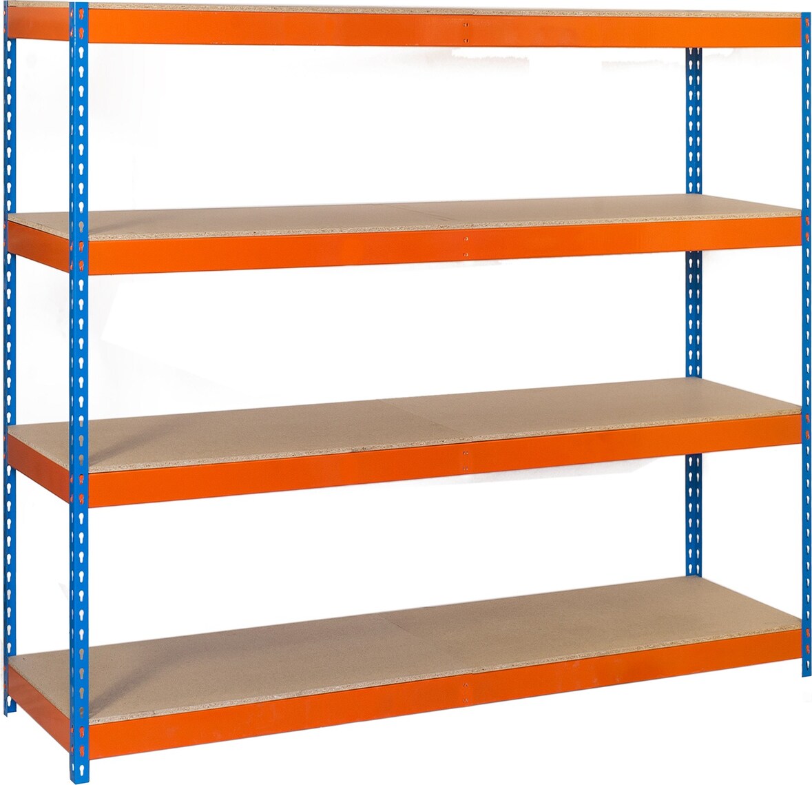 SimonRack Estantería Industrial, 2000x1800x450 mm, 600 kg de Punto Flexión, 4 Estantes Madera, Estantería Garaje, Azul/Naranja/Madera - Simonforte