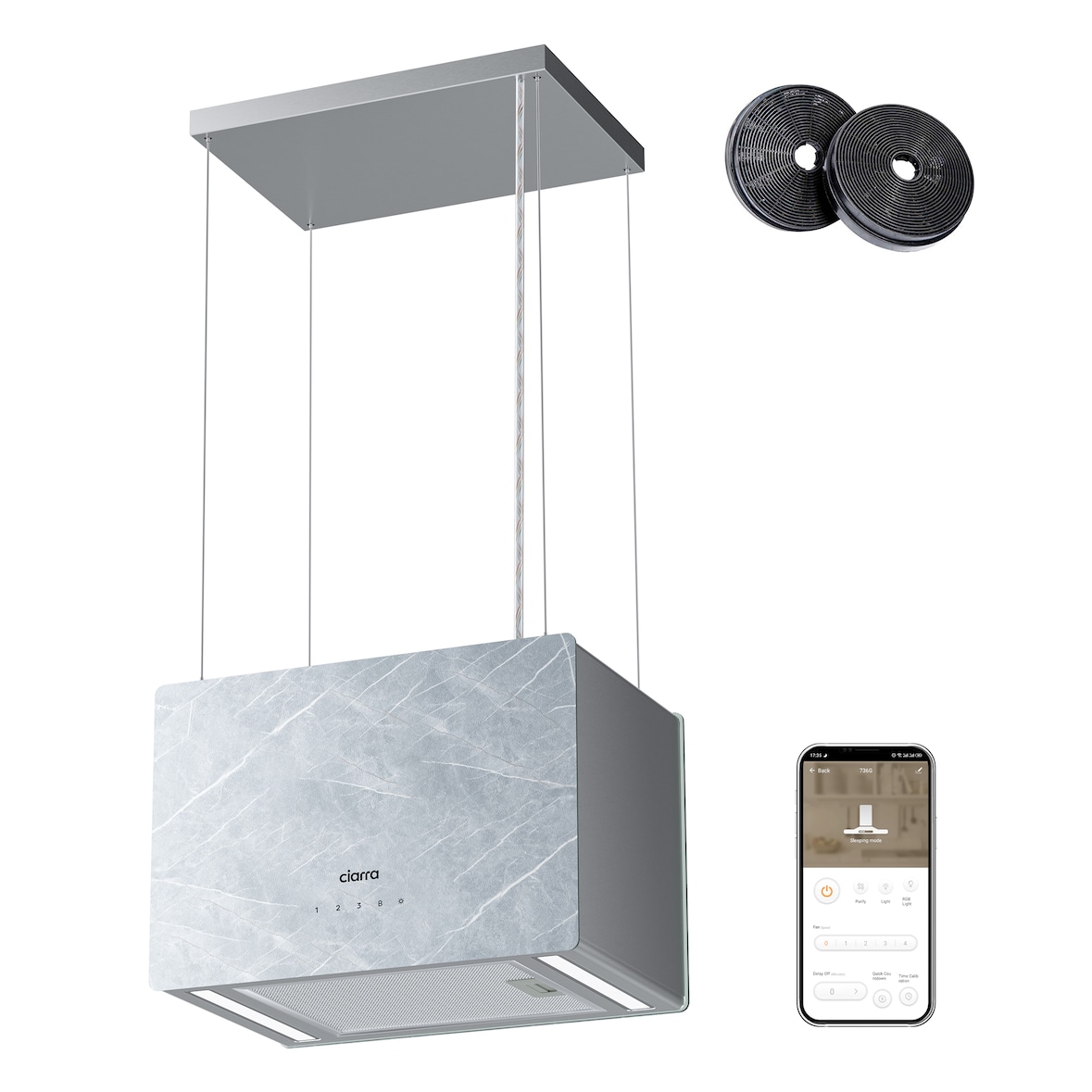 CIARRA Pinnacle Series A+++ 700 m³/h ‎Hotte îlot en marbre Ivory Mist Hotte aspirante suspendue WiFi App Touch VM4850W