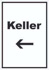 thumbnail of Keller Schild mit Text und Richtungspfeil links hochkant A6 (105x148mm)