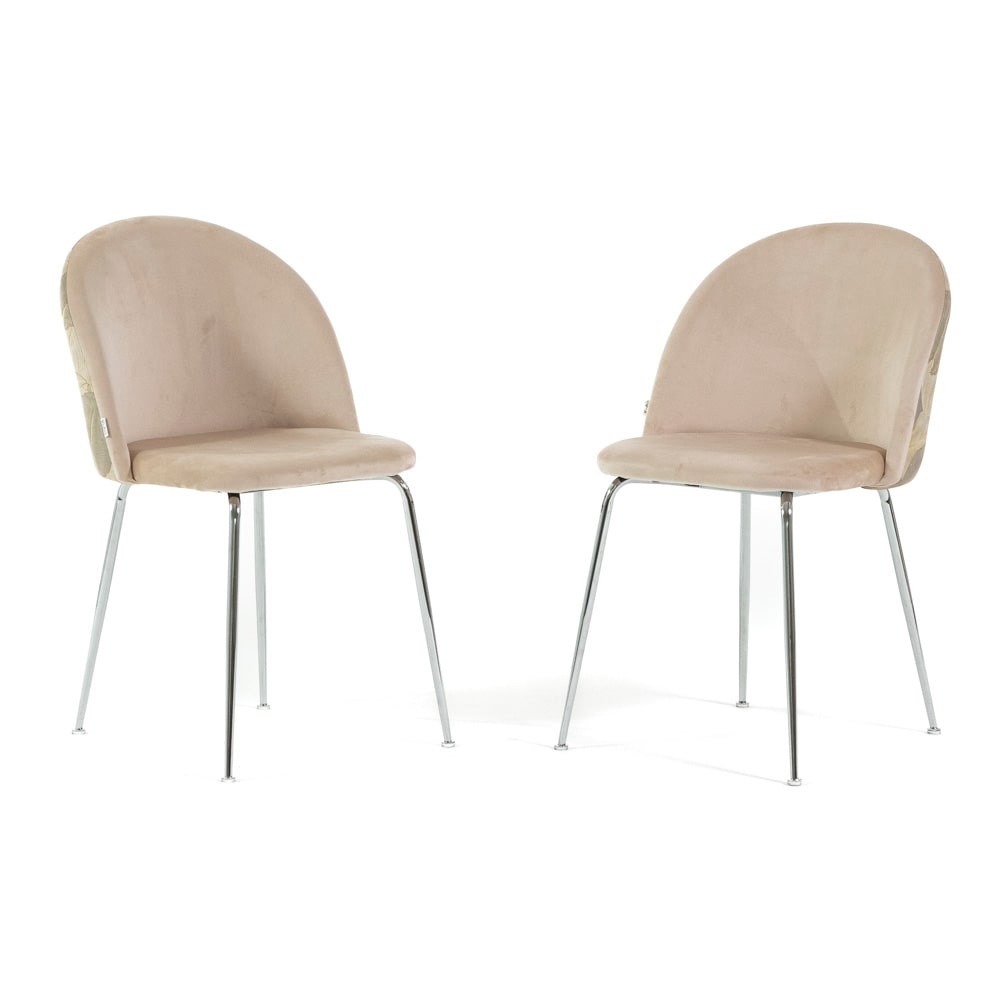 Lot de 2 chaises en velours décoratif d’intérieur, pieds en métal, design élégant pour cuisine, salle à manger, bar ou restaurant – Sara –Crème/Argent