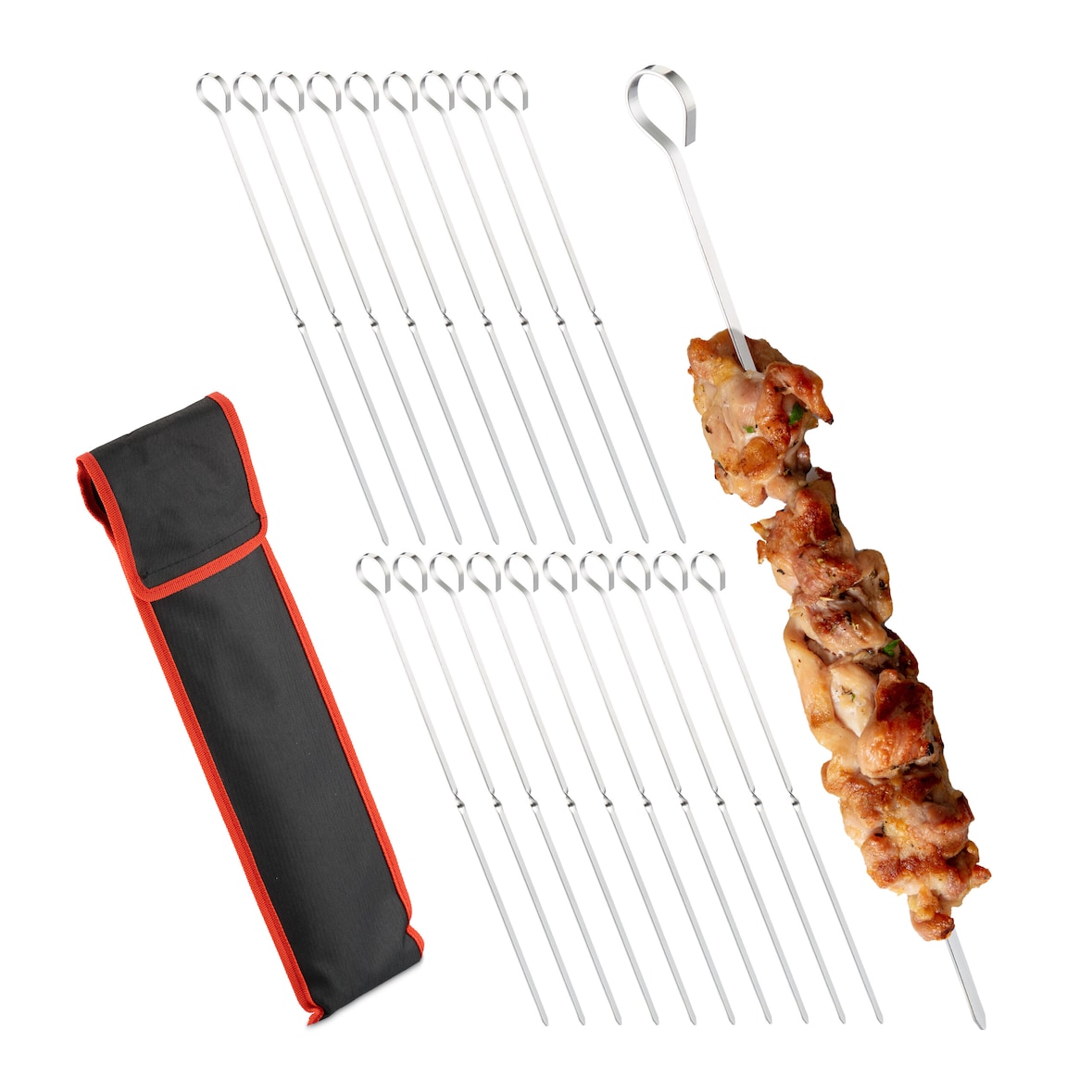 Relaxdays Grillspieße Edelstahl, 20er Set Schaschlik-Spieße, mit Tasche, Fleisch & Gemüse, 31 cm, Metallspieße, silber