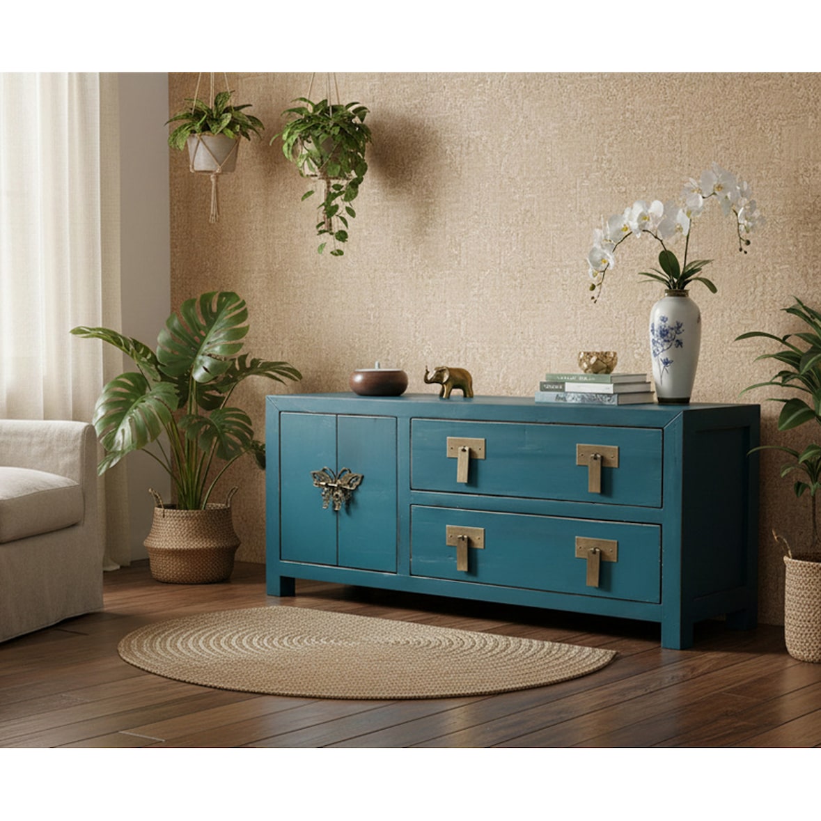 OPIUM OUTLET Armoire buffet commode sideboard console chiffonnier bleu asia meubles chinois asiatique vintage oriental entièrement monté