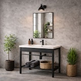 thumbnail of Armário de casa de banho com lavatório em cerâmica e espelho, sifão em aço, armário de chão com prateleira, design moderno - cm 80x47x78h Preto