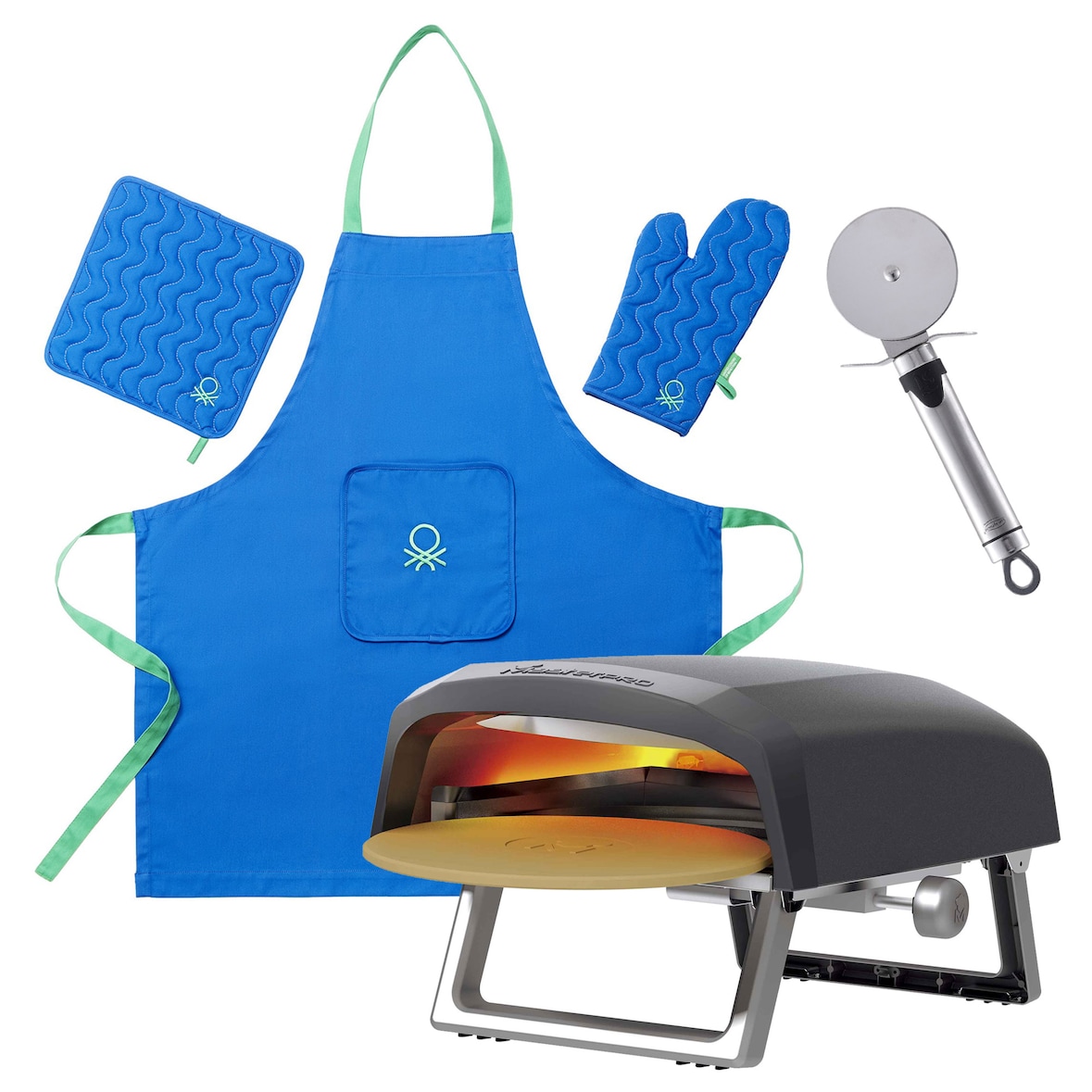 Bergner - Draaibare gas-pizzaoven 64x42,5x30 cm tot 500 ºC met pizzasnijder van roestvrij staal en 3-delige schortset in blauw