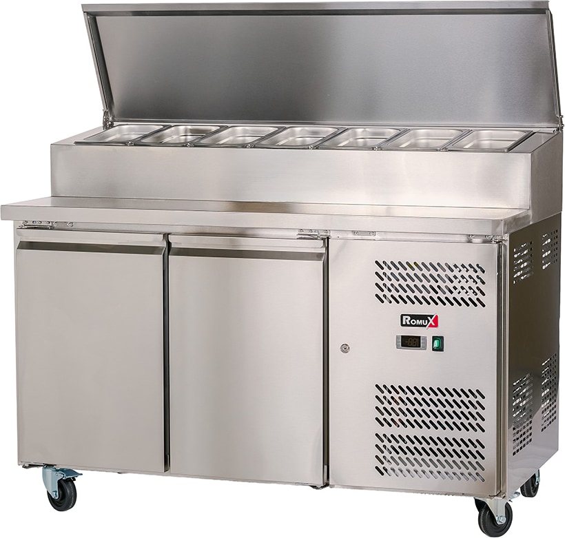 Romux® Saladette Kühltisch mit 2 Türen 136x70 cm für 7 GN 1/3 Behälter mit Umluftkühlung | Zubereitungstisch aus Edelstahl mit Kapazität 228 L