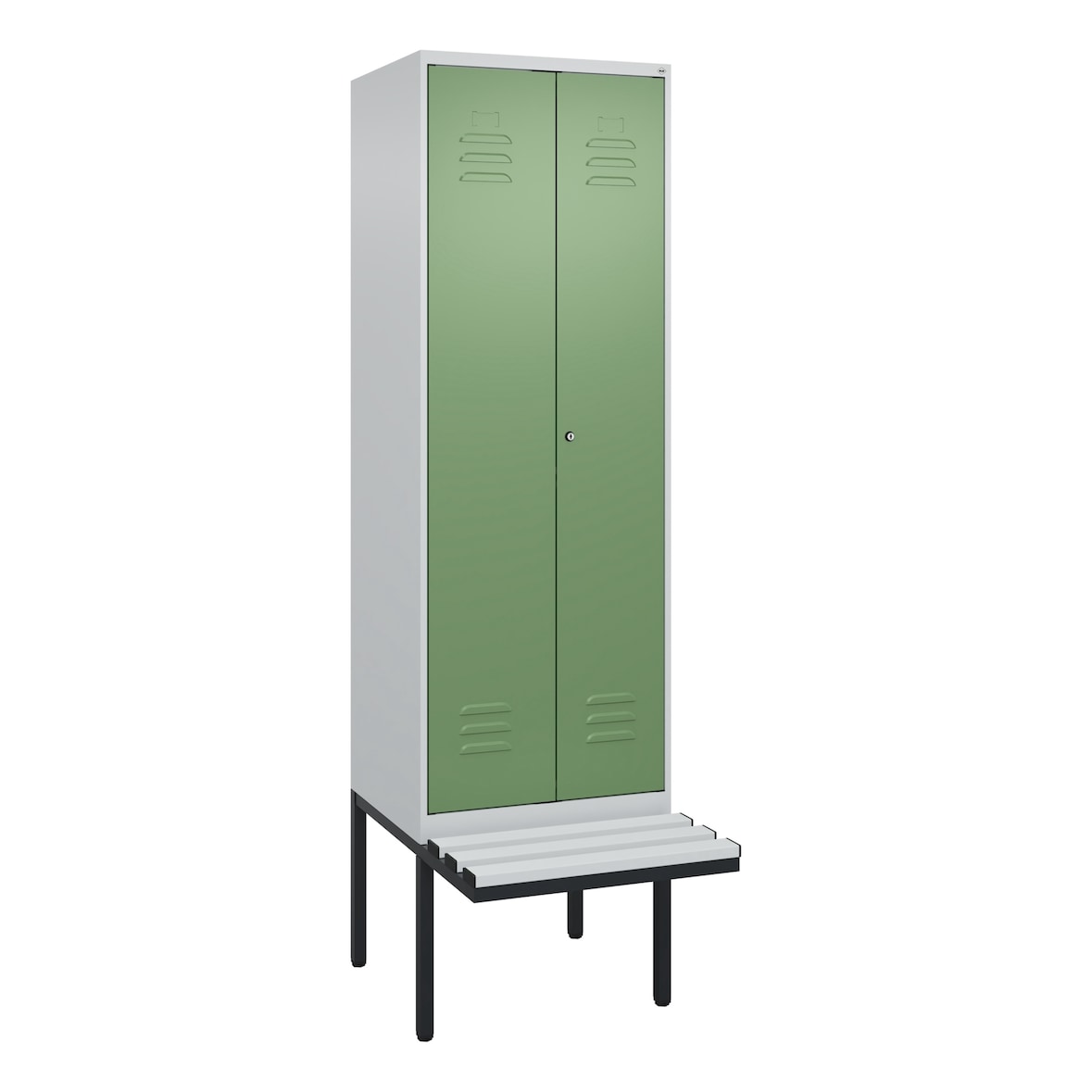 C+P Doppel-Spind Classic PLUS, Kunststoff schwebende Sitzbank, 2 Abteile, HxBxT 212x60x82cm, Zylinderschloss, Hellgrau/Resedagrün von PROREGAL