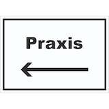 thumbnail of Praxis Aufkleber mit Text und Richtungspfeil links Arzt Gesundheit waagerecht A8 (52x74mm)
